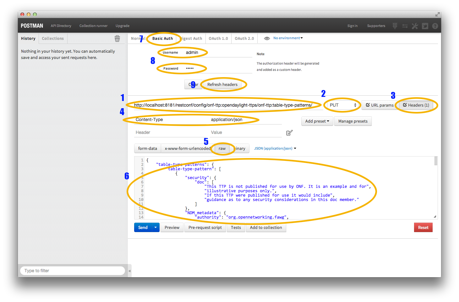 Filling in URL, content, Content-Type and basic auth