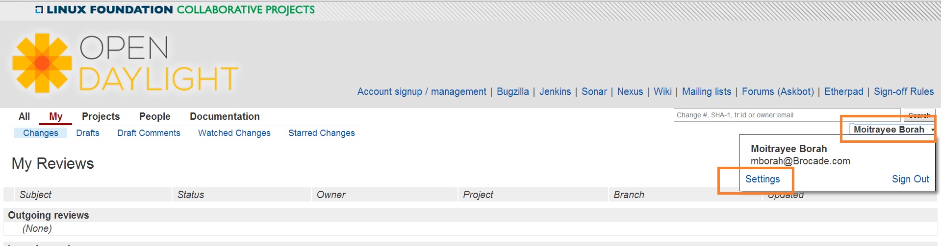 Settings page for your Gerrit account
